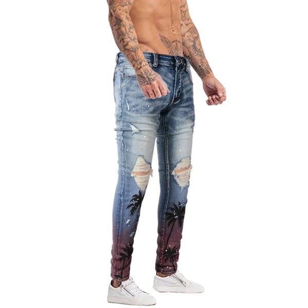 high street printed ripped holes denim jeans mens casual slim fit biker zipper trousers streetwear hip hop jean pants joggers urban active pants