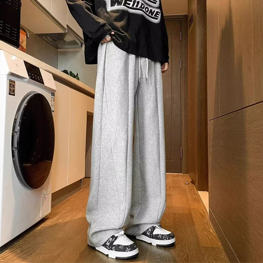 winter mens gray thickened straight leg sweatpants 2025 high street baggy drape pants korean fashion y2k casual trousers urban active pants