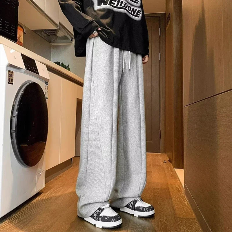 winter mens gray thickened straight leg sweatpants 2025 high street baggy drape pants korean fashion y2k casual trousers urban active pants