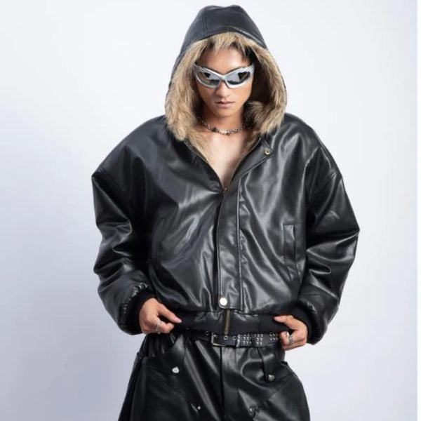Integrated Fur Leather Men Cotton Jackets Thickened American High Street Motorcycle PU Leather Parkas Winter Couple Punk Outwear