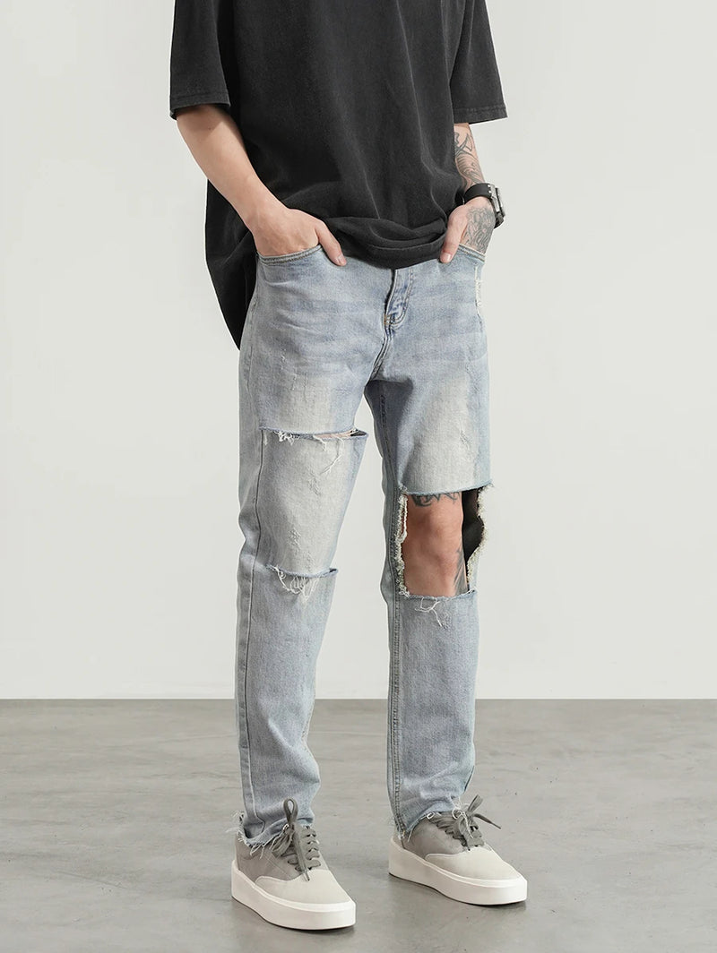 destroied big holes ripped denim jeans mens distressed biker jeans fashion high street slim straight pants streetwear joggers unique joggers style 1365