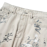 men hip hop baggy jeans graffiti printed loose straight denim pants dirty washed streetwear fashion jeans trousers white ripped baggy denim