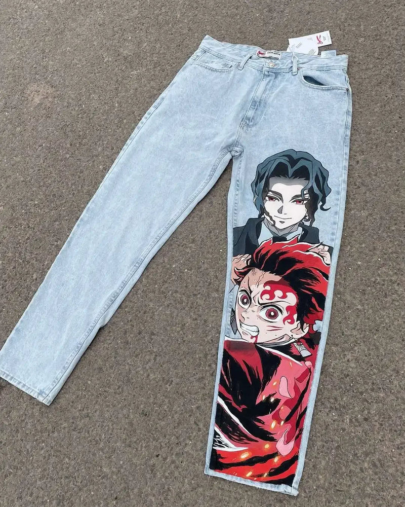 harajuku popular anime kokushibo print baggy jeans new style wide leg trouser y2k streetwear for men women high waist pants unique jeans style 4293