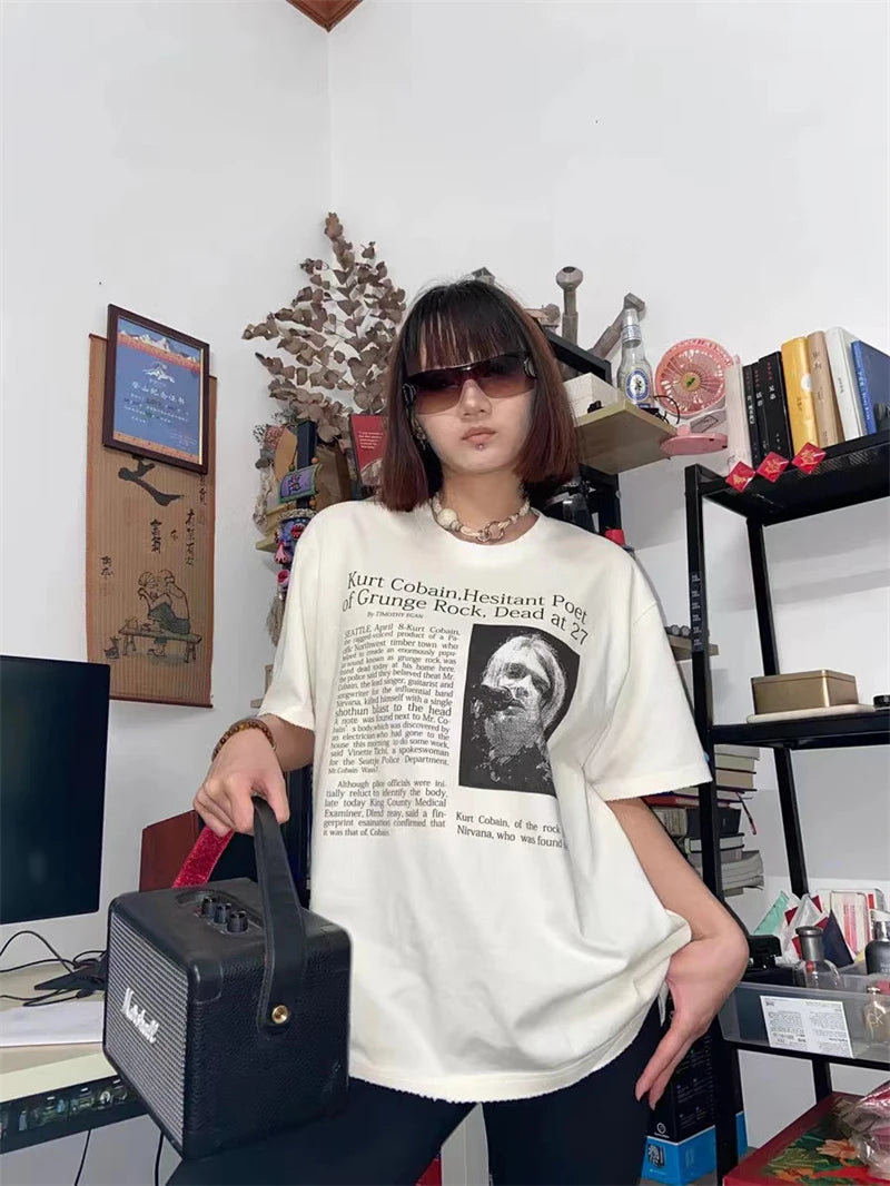 Skatercore Aesthetic print tee – Vintage Band Cobain Portrait Print Heavyweight Short Sleeve