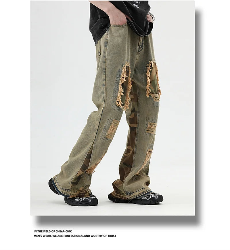 hip hop camouflage ripped patchwork denim pants for men y2k vintage streetwear wide leg jean 2025 new distressed baggy jeans unique jeans style 325