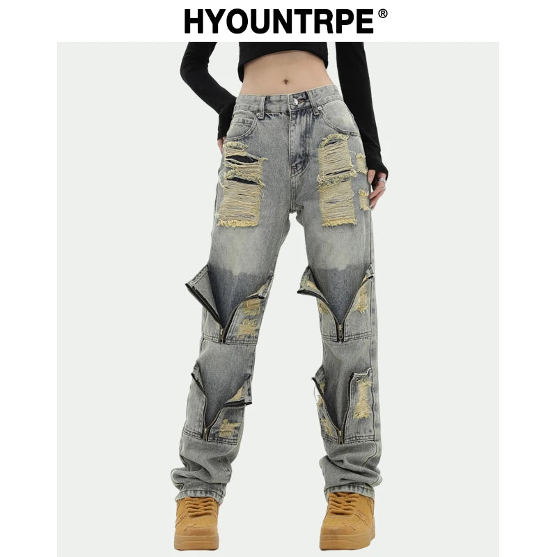 high street zipper open decoration biker jeans women ripped denim straight jean pant men motorcycle trouser unisex hip hop pants urban skinny jeans