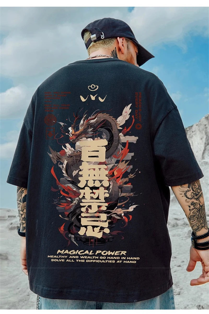 Trapwear Barcode glitch – 2024 Dragon Magical Power Print T Shirts Mens Breathable O N