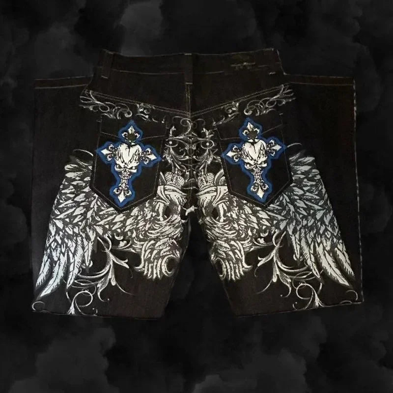 hip hop fashion y2k street high waist gothic skull geometry men jeans american retro couples straight loose pants unique jeans style 1664