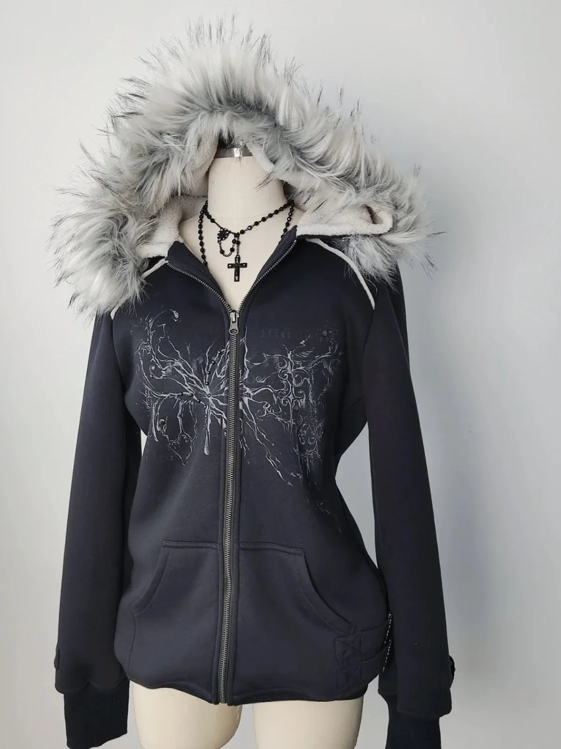 Harajuku Y2K Streetwear Jacket High Street Retro Fur Collar Zipper Hoo