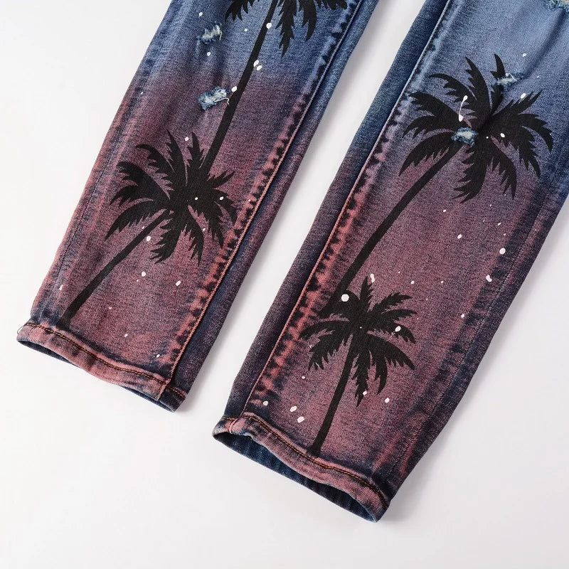 high street printed ripped holes denim jeans mens casual slim fit biker zipper trousers streetwear hip hop jean pants joggers unique joggers style 3464