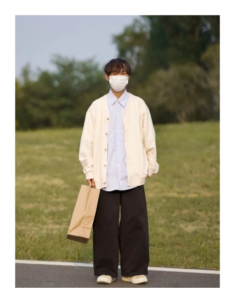 mens casual 2 pcs sets fake two pieces cotton shirt corduroy street wide leg pants sets japanese college retro couples suit unique default style 4562