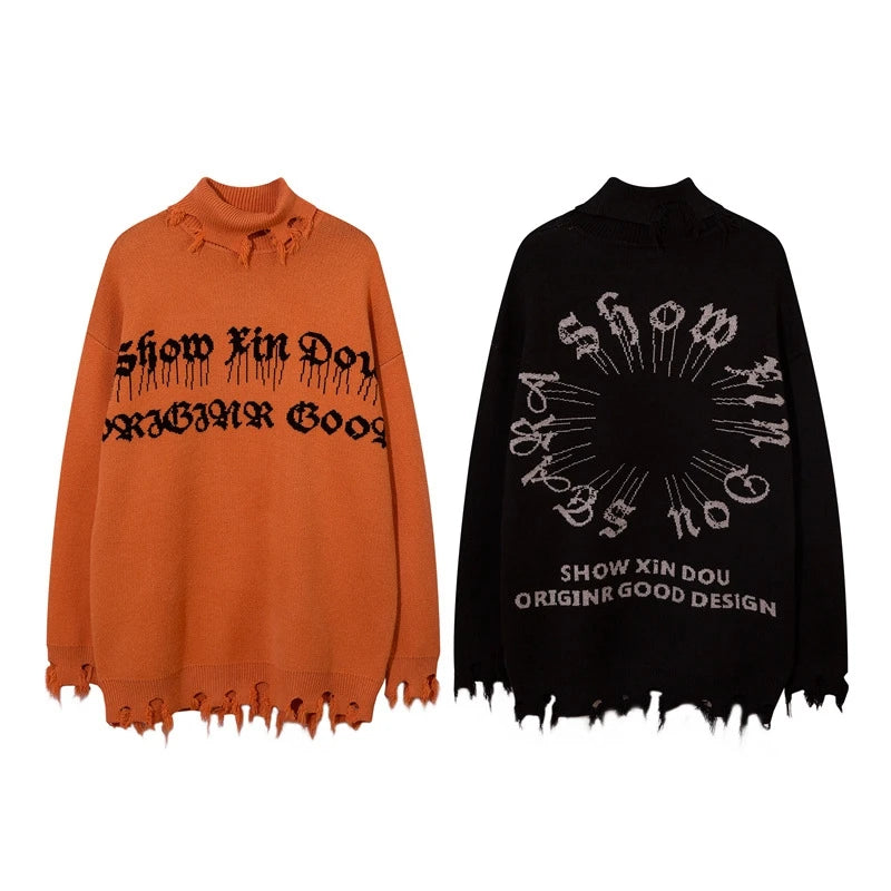 half high collar goth women men sweaters oversized long sleeve knitted pullovers y2k men ripped sweater harajuku streetwear tops - gothic aesthetic hoodie for winter, high quality cotton hoodie, graphic printed hoodie for men and women