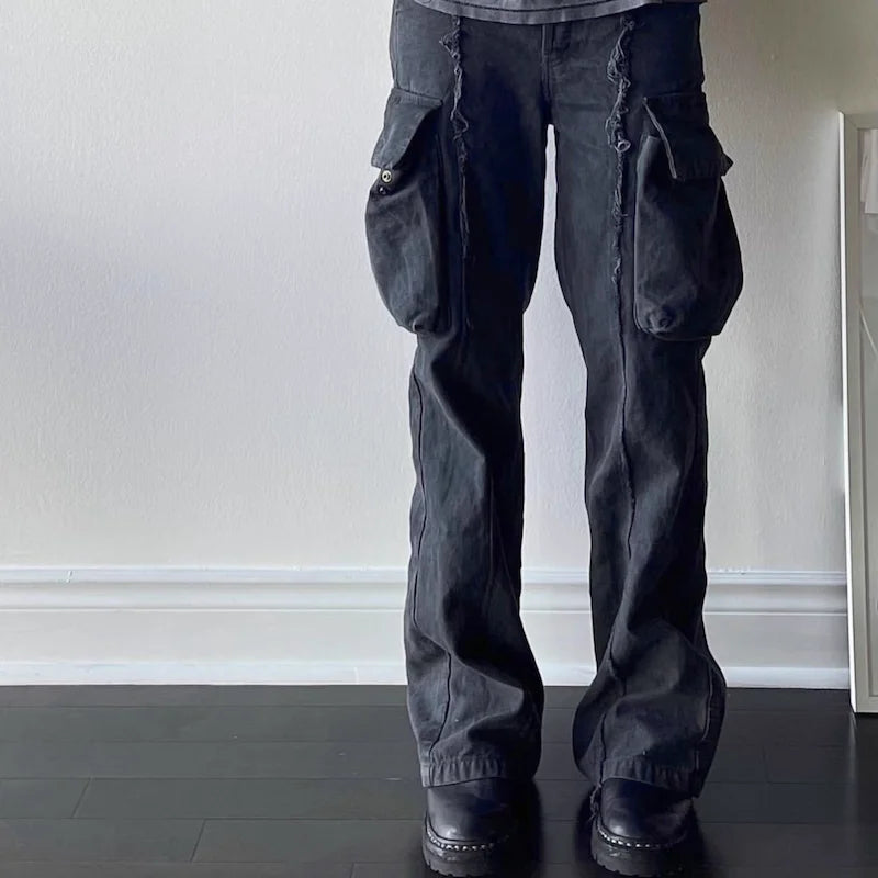 y2k streetwear tassel multi pocket jeans for men straight solid baggy cargo pants pantalones hombre casual denim trousers unique cargo style 756