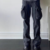 y2k streetwear tassel multi pocket jeans for men straight solid baggy cargo pants pantalones hombre casual denim trousers unique cargo style 756