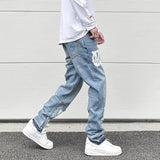 letters patckwork bottom ripped denim jeans men casual straight biker trousers fashion streetwear hip hop jean pants joggers unique joggers style 3738