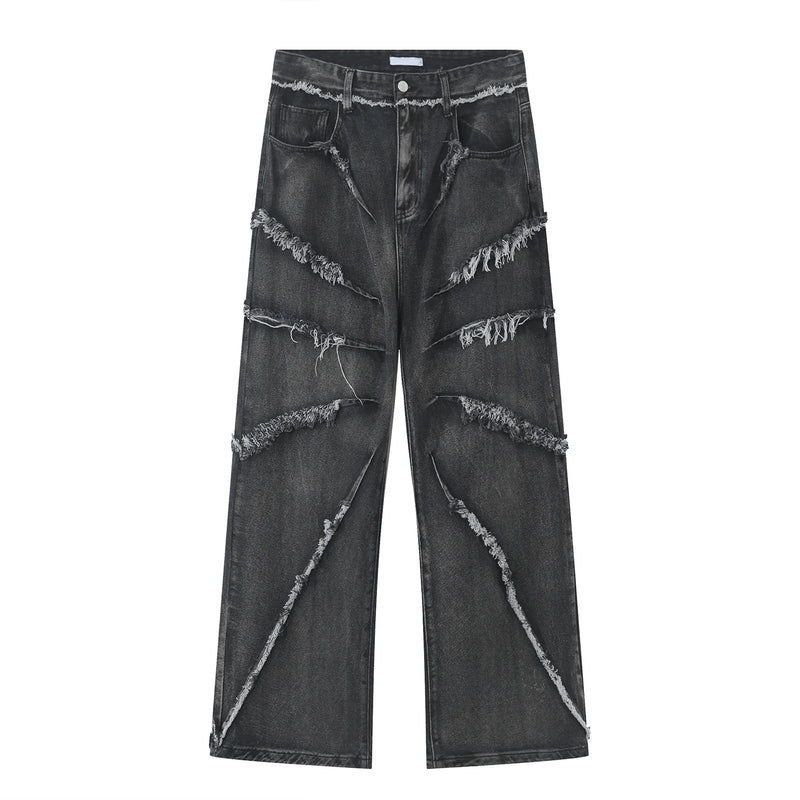 2023 european and american mens jeans new products personality trend hip hop fringed loose wide leg denim trousers stacked flare jeans