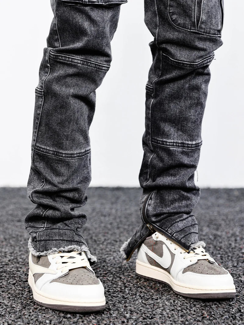retro washed denim jeans mens bottom zipper jean trousers with pockets hip hop fashion high street slim fit pants joggers jeans sporty tapered joggers