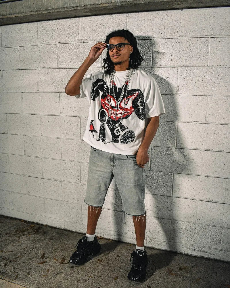Glitchcore Vintage print – American Trendy Gothic Letter Pattern Printed Oversized T Sh