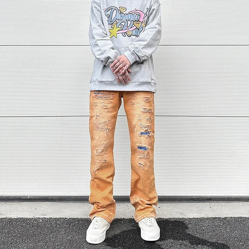 american high street washed torn jean mens y2k baggy ripped jeans cat whisker patch straight tube casual pants jeans hip hop stacked flare jeans