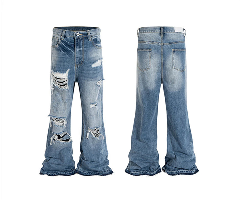 vintage ripped flared jeans blue straight baggy jeans trousers streetwear luxury loose casual distressed denim pants male unique jeans style 589