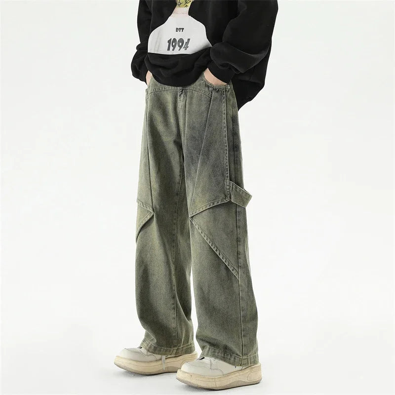 2024 new hip hop wide leg jeans for men washed distressed baggy denim trousers high street deconstruction cargo jean y2k pants unique cargo style 447