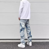 streetwear swag style blue frayed jeans pants for men retro washed ripped casual tapered denim trousers slim fit y2k jean male ripped baggy denim