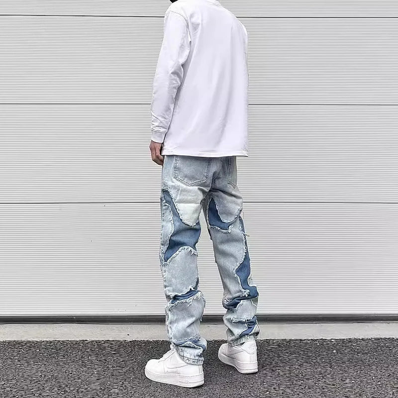 streetwear swag style blue frayed jeans pants for men retro washed ripped casual tapered denim trousers slim fit y2k jean male ripped baggy denim