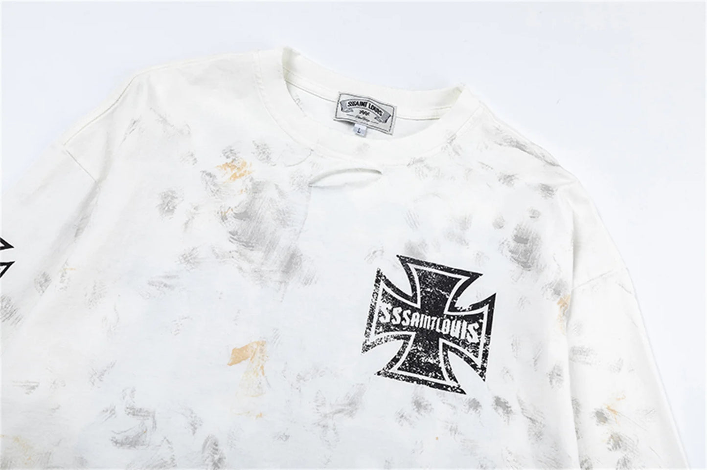 sssaint Louis Vintage Dirty Worn Distressed Cross Print High-Street Graffiti Long Sleeve T Shirt Pullover Summer