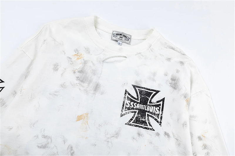 sssaint Louis Vintage Dirty Worn Distressed Cross Print High-Street Graffiti Long Sleeve T Shirt Pullover Summer