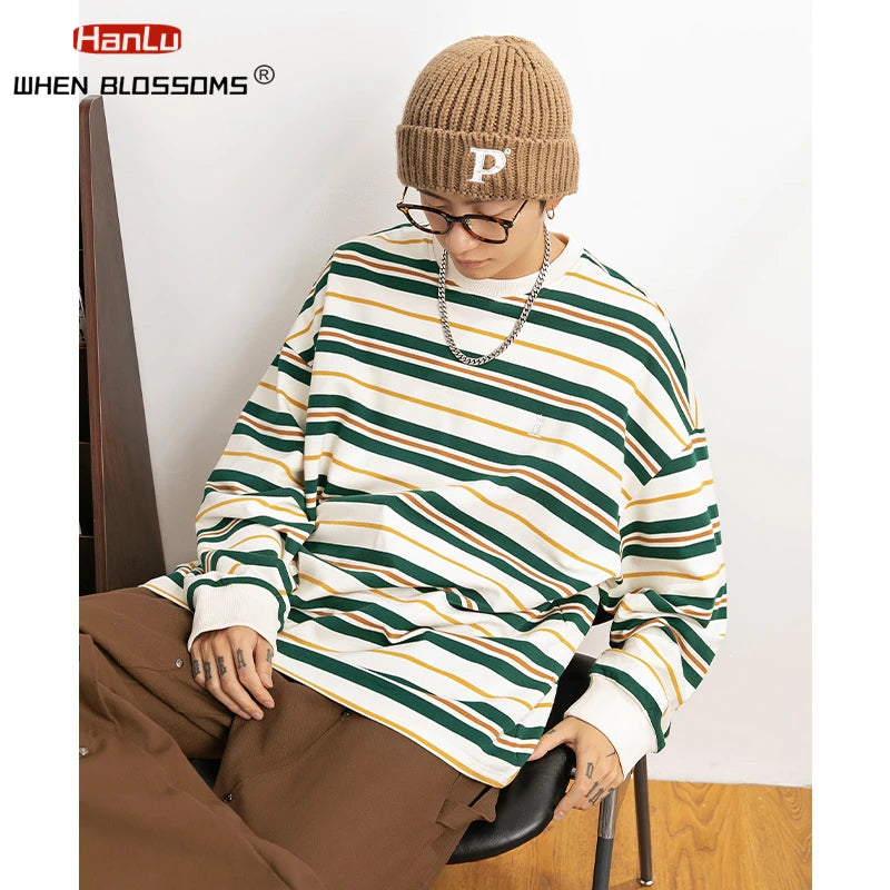 Vaporwave Oversized shirt – Embroidered Striped Contrast Round Neck Cotton Sweatshirts A