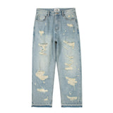 washed blue oversized torn jeans for men streetwear hip hop large destroyed wide leg jeans baggy straight ripped denim pants urban skinny jeans