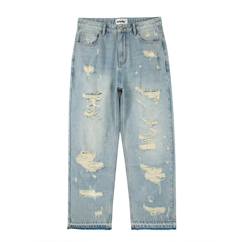 washed blue oversized torn jeans for men streetwear hip hop large destroyed wide leg jeans baggy straight ripped denim pants urban skinny jeans