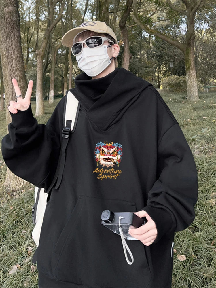 Autumn Lion Dance Graphic Ninja Hoodie Men Fleece Pocket Turtleneck Ov