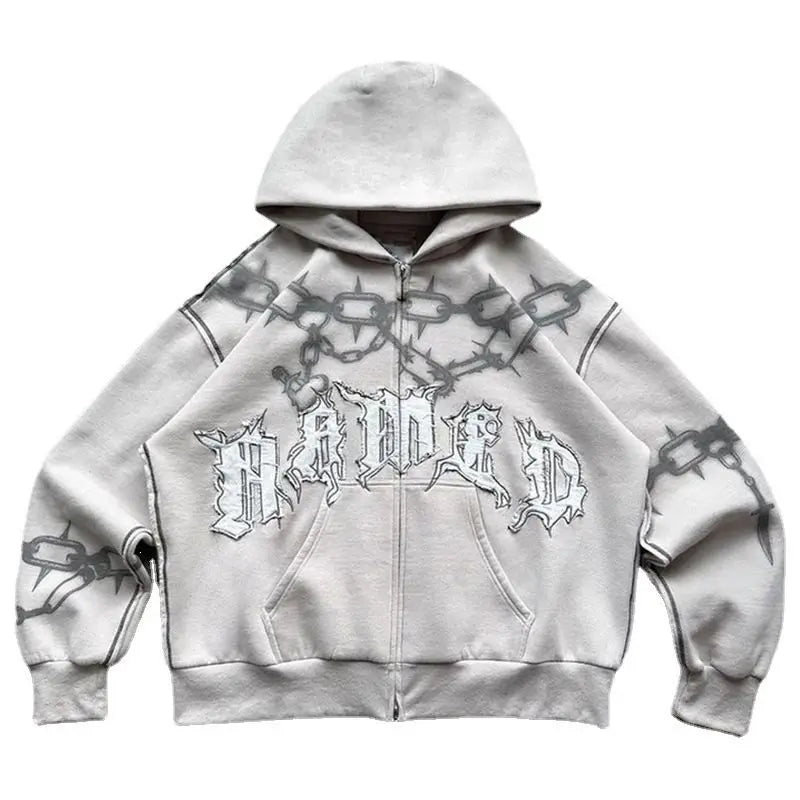 2024 American Trend Brand Printed Personality Zipper Sweatshirt Winter Hip Hop Retro Men's Women's