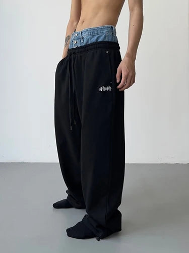hip hop straight pants spliced button jean elastic waist pants loose trousers unisex casual drewstring sportwear pants joggers unique joggers style 147