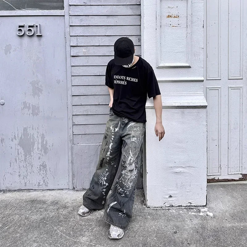graffiti handdrawn damaged wash baggy jeans for men and women straight streetwear y2k denim trousers pantalones hombre cargos combat utility trousers
