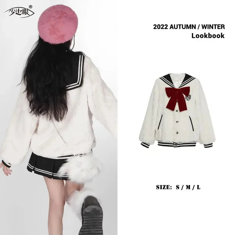 Harajuku Sweet Thicknecked Bow College Coat Woman Zip Up Hoodie Sailor