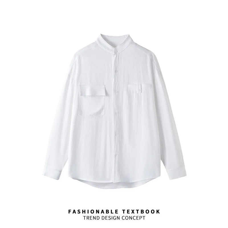 Men Loose Casual Streetwear Fashion Stand Collar Long Sleeve Black White Oversize Shirt Couple Plus Size Shirts Blouses