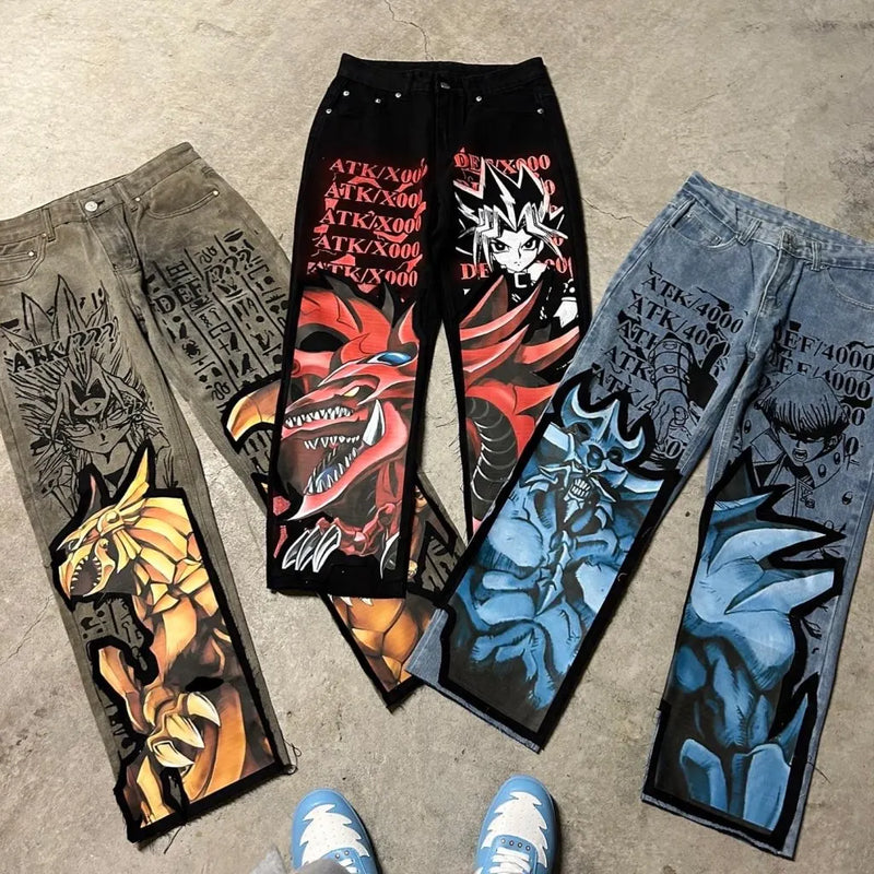 harajuku y2k baggy jeans the winged dragon of ra print wide leg denim pants popular anime jeans streetwear trouser men clothing unique jeans style 5708