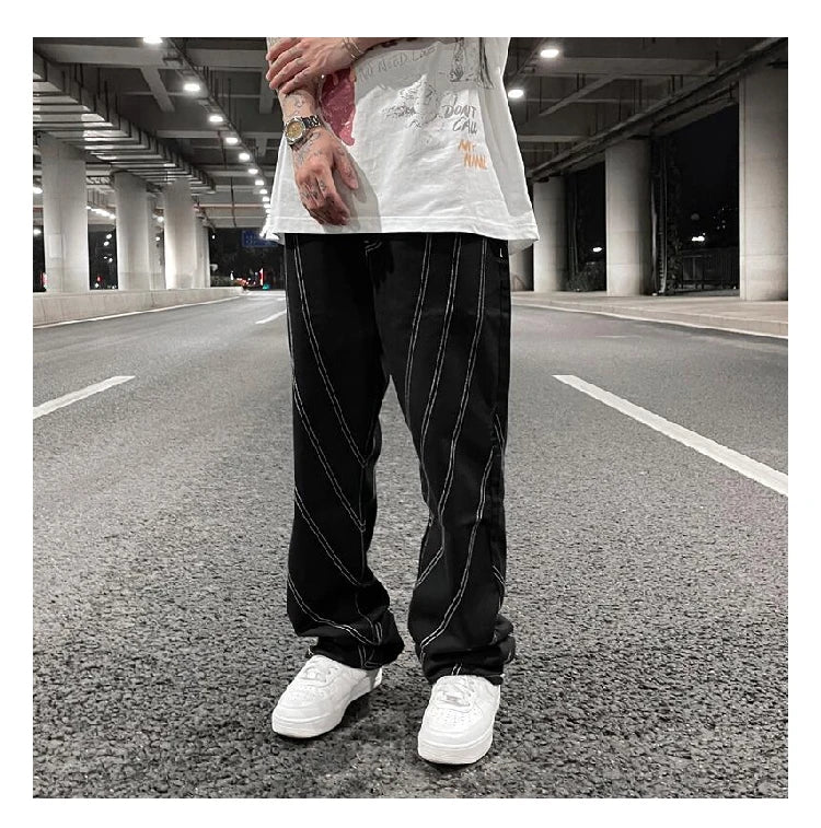 fashion design lines denim jeans mens zipper loose straight trousers hip hop new casual streetwear pants joggers baggy jeans unique joggers style 1459