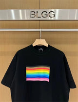 vaporwave streetwear top featuring 24ss balcg style rainbow flag logo printed reverse sewn pure cotton oversized loose short sleeved t shirt tops for summer
