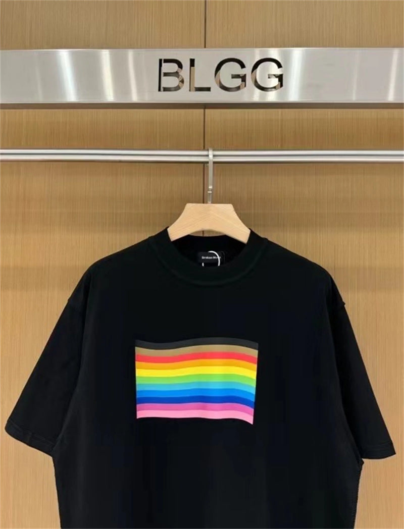vaporwave streetwear top featuring 24ss balcg style rainbow flag logo printed reverse sewn pure cotton oversized loose short sleeved t shirt tops for summer