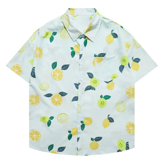 Hawaiian Beach Style Casual Clothes Loose Tops Fruit Print Refreshing Feeling Summer Short Sleeve