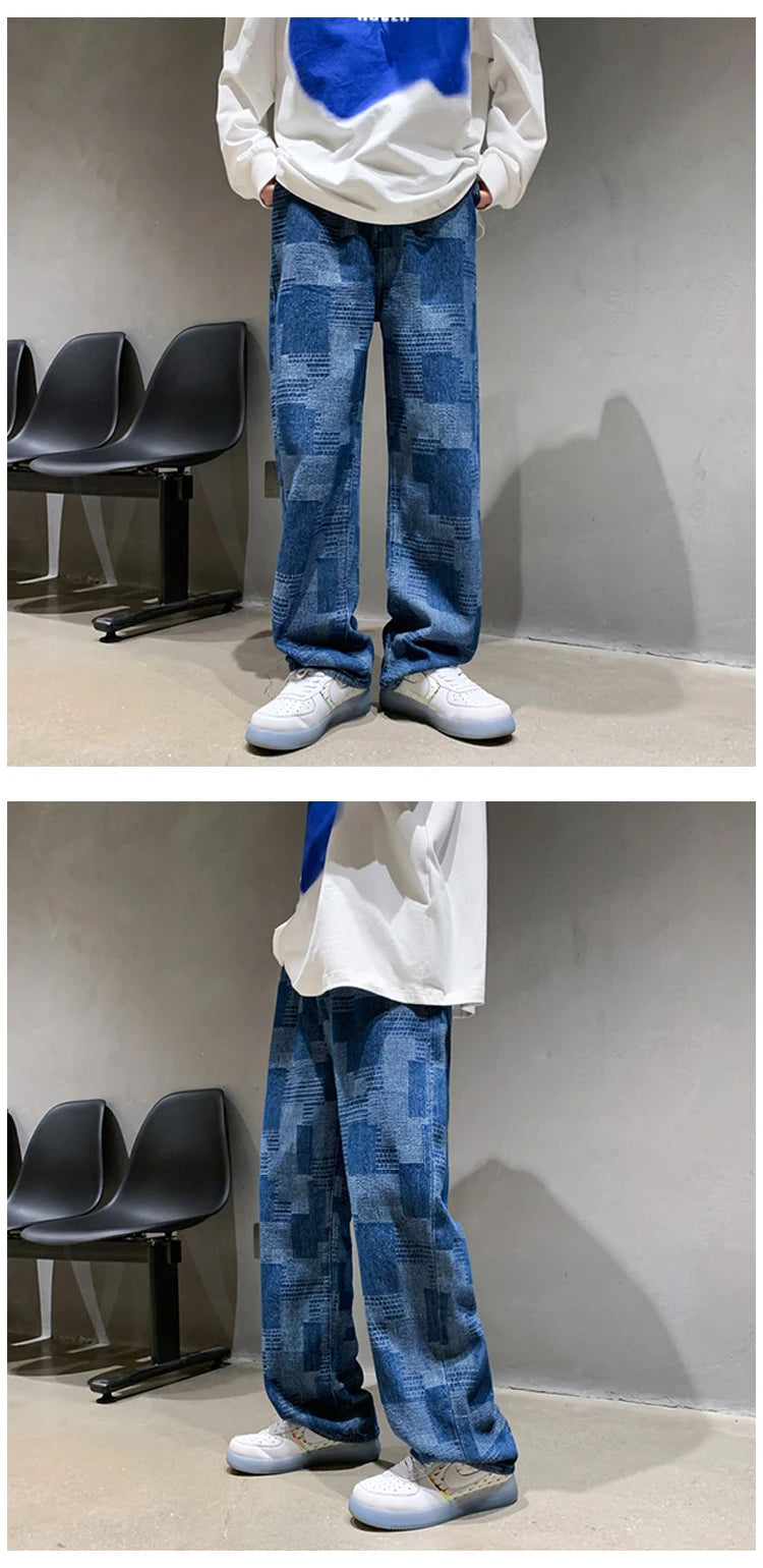 blue black plaid jeans men retro casual wide leg jeans mens streetwear loose hip hop straight denim trousers men vintage jeans unique jeans style 3931