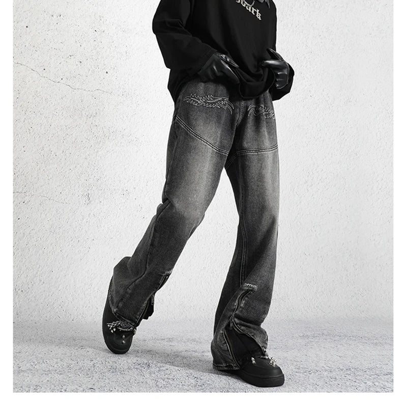 2023 dark streetwear totem embroidery vintage baggy men jeans pants feet zipper straight hip hop punk denim trousers ropa hombre unique jeans style 1768
