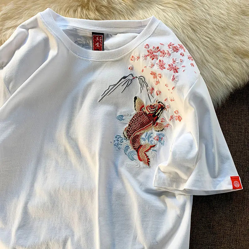 Cyberpunk Graphic Tee – New Summer Aesthetic Vintage Carp Fish Embroidery T Shirts W – Modern Streetwear for Everyone