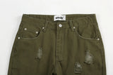 military green cargo jeans pants thin streetwear skinny micro horn ripped jeans hip hop raw edge speckle ink washed slim jeans unique cargo style 3526