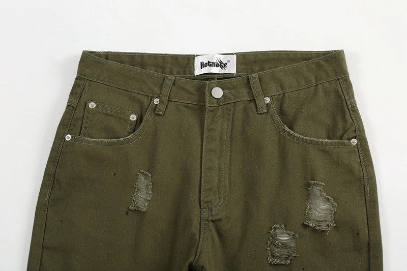military green cargo jeans pants thin streetwear skinny micro horn ripped jeans hip hop raw edge speckle ink washed slim jeans unique cargo style 3526