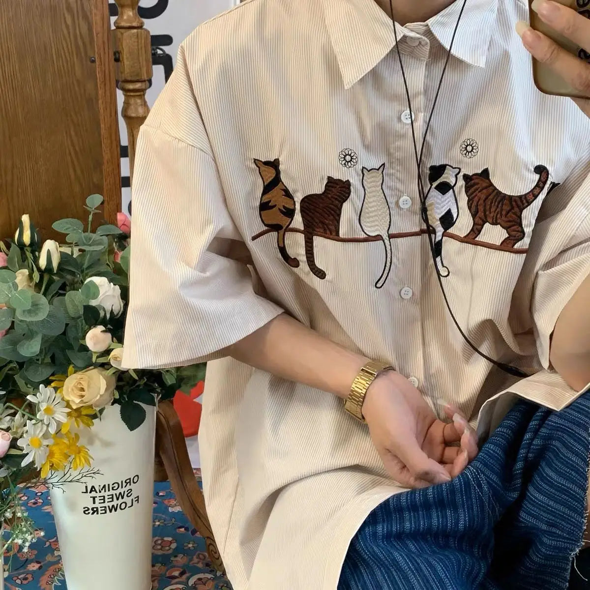 Japanese pinstripe cat pattern shirts for men and women summer trendy brand retro Hong Kong style loose