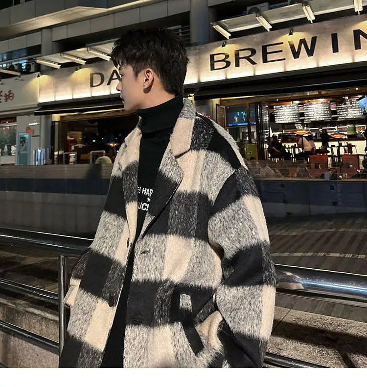 Plaid Woolen Trenchcoat Men Autumn Winter Fashion Retro Streetwear Suit Collar Loose Casual Trendy Trench Coat Outerwear